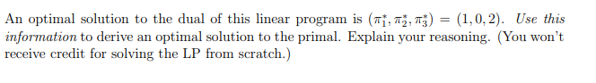 \fAn optimal solution to the dual of this linear