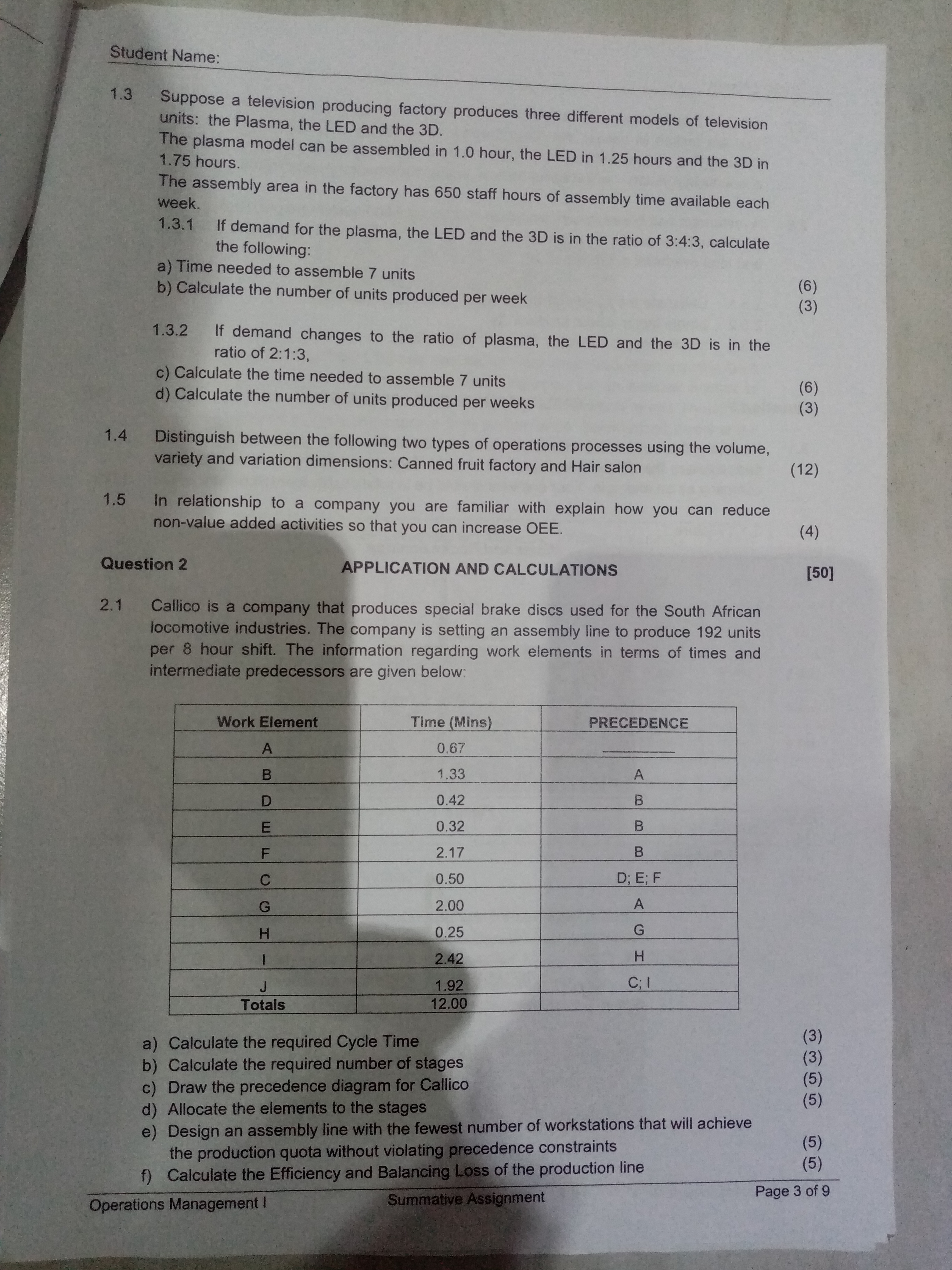 Student Name: 1.3 Suppose a television producing