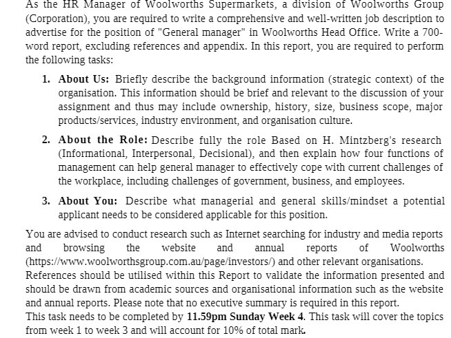 As the HR Manager of Woolworths Supermarkets, a