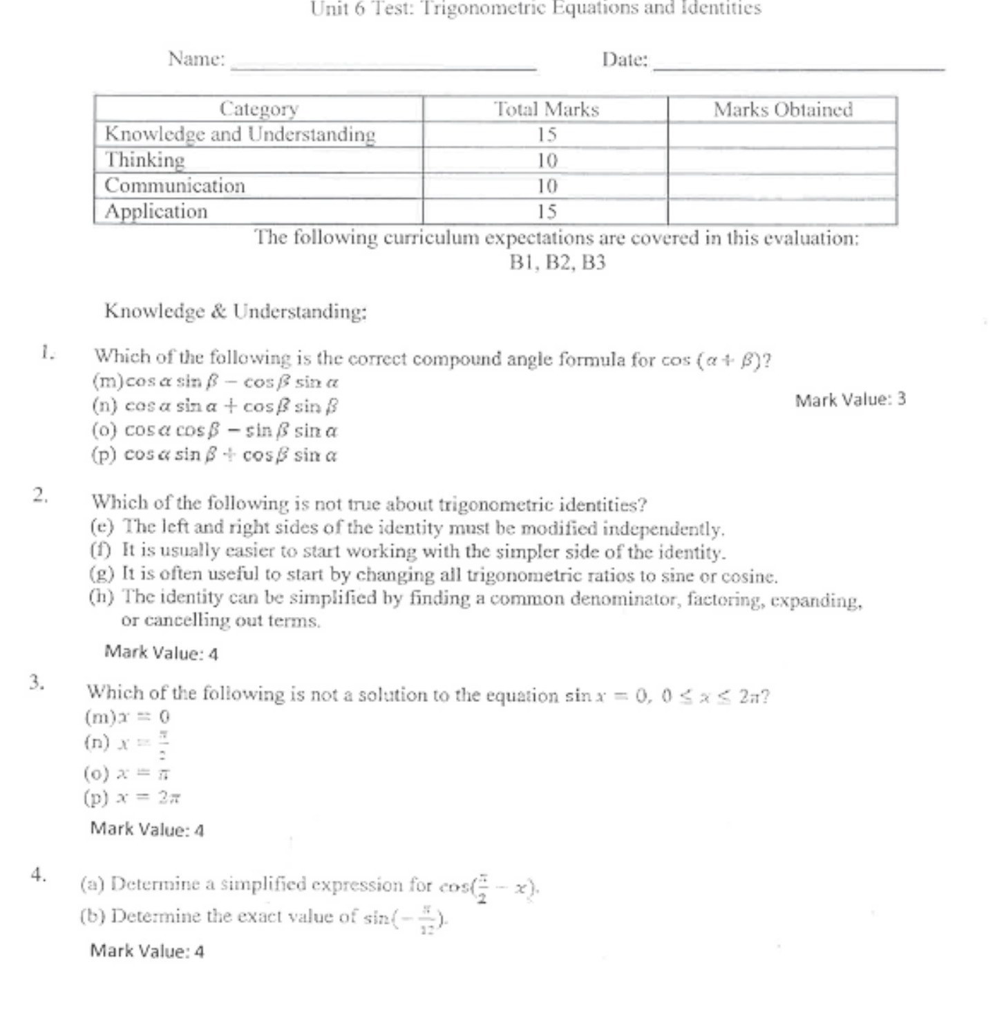 Unit 6 Test: Trigonometric Equations and