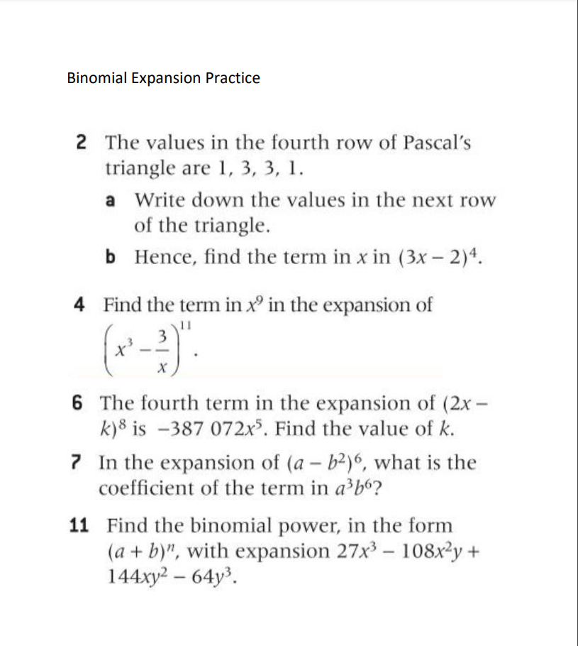 Binomial Expansion Practice 2 The values in the