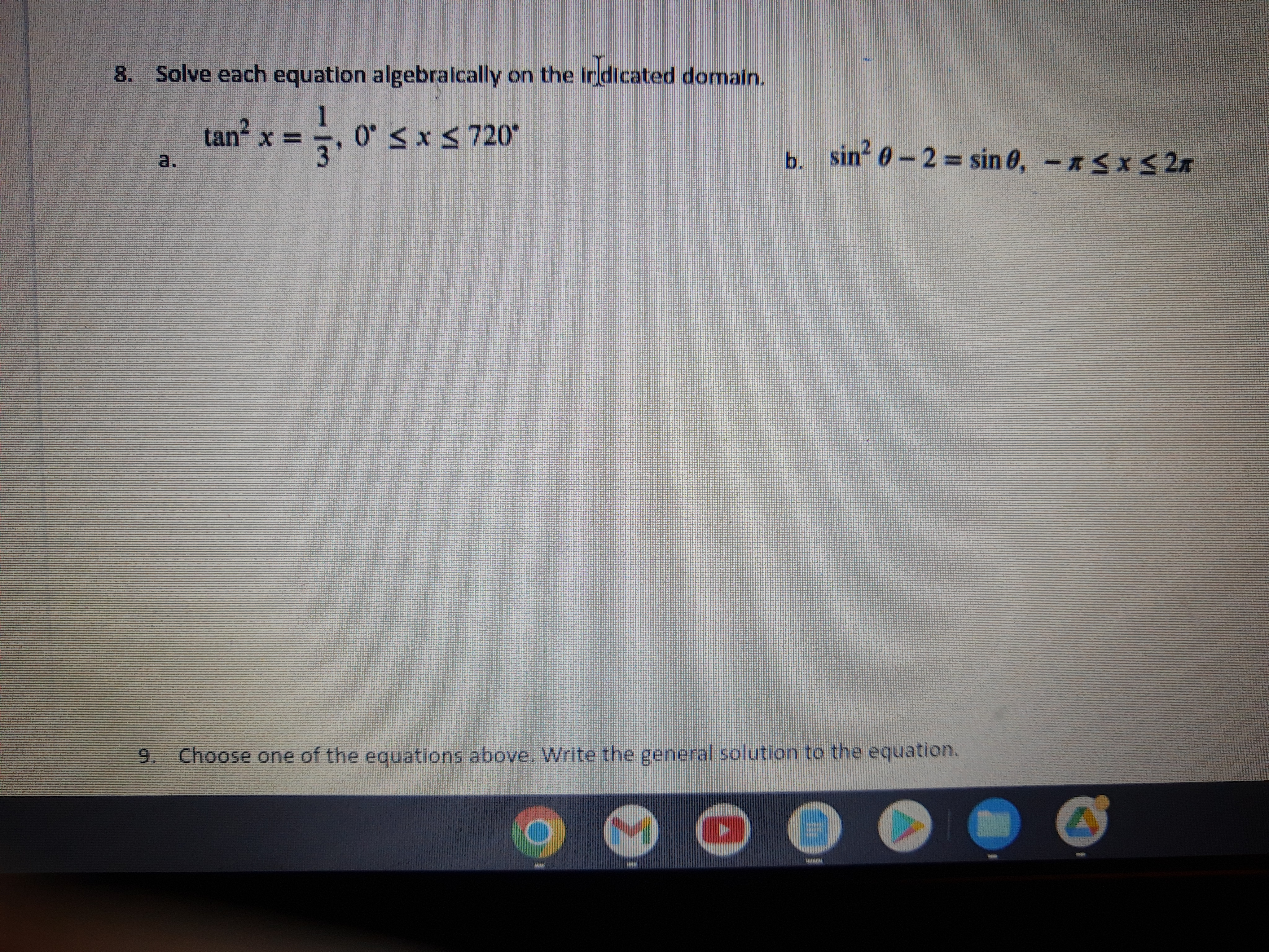 8. Solve each equation algebraically on the