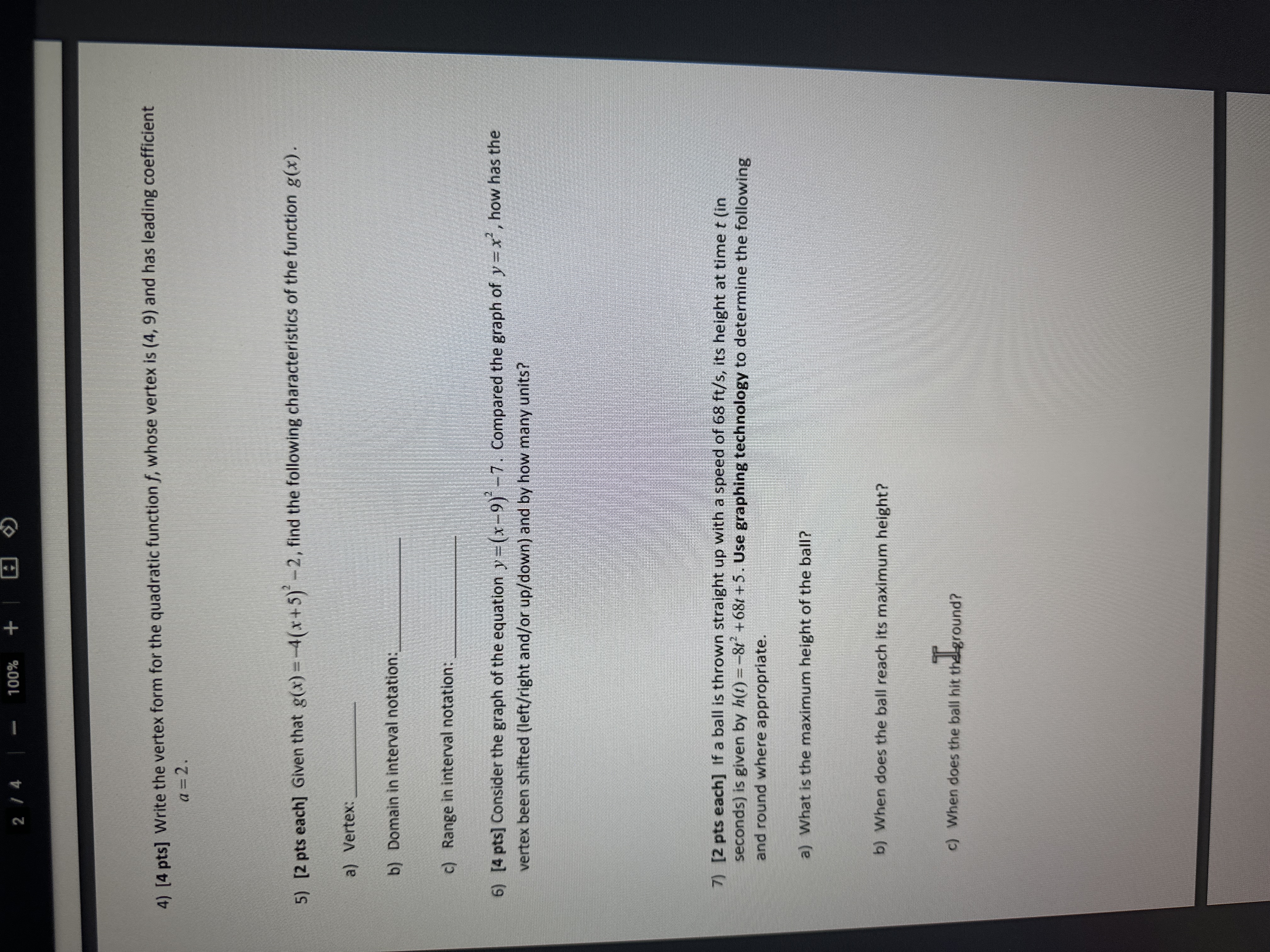 4 worksheet 100% 4) [4 pts] Write the vertex form