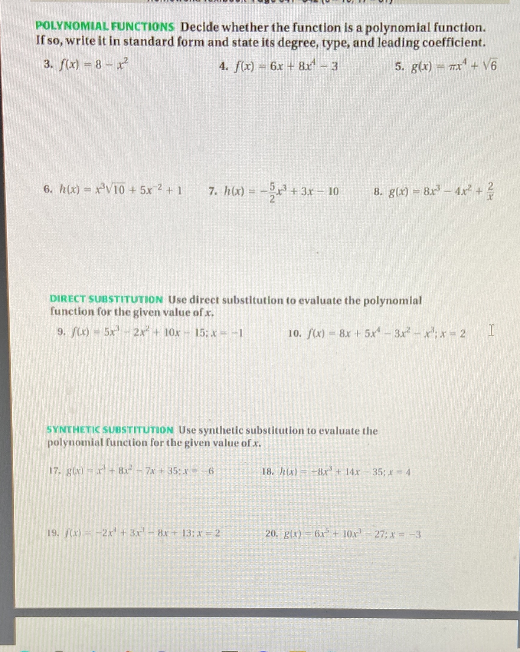 POLYNOMIAL FUNCTIONS Decide whether the function