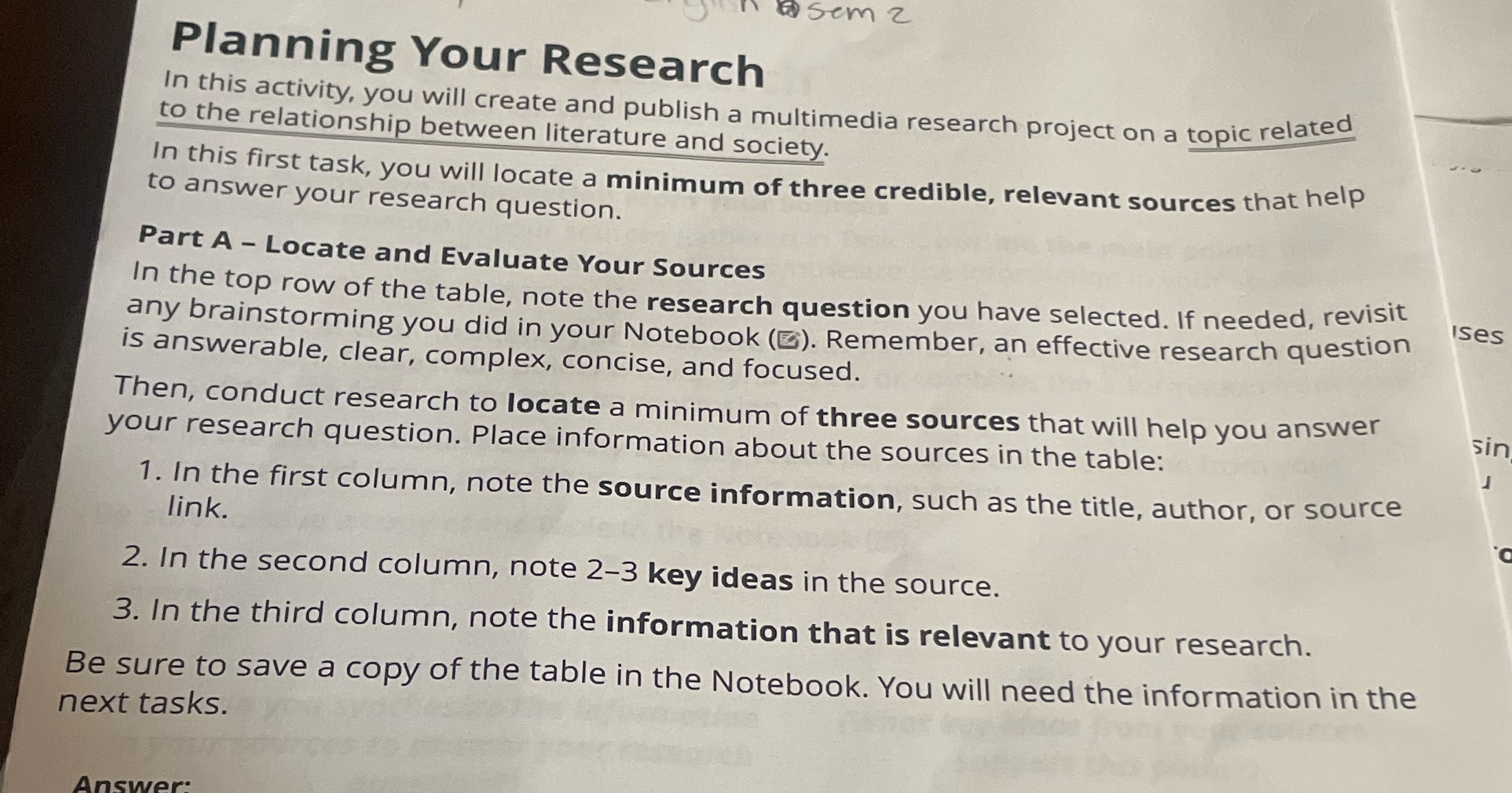 Planning Your Research In this activity, you will
