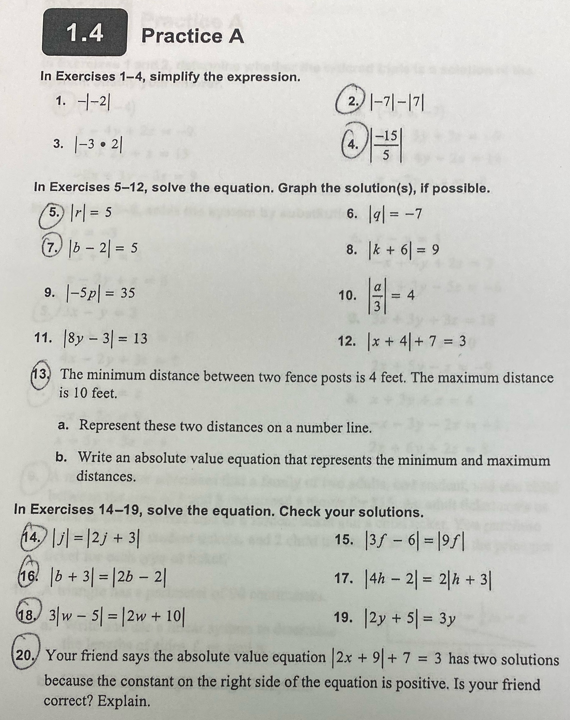 Solve equations show steps circled questions 1.4