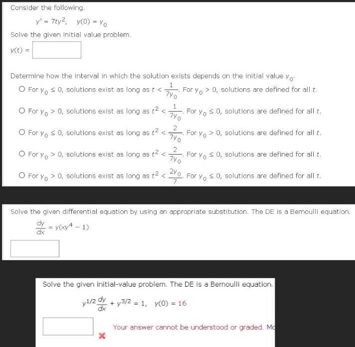 Consider the following. y' = 7tyz, y(0) = Vo