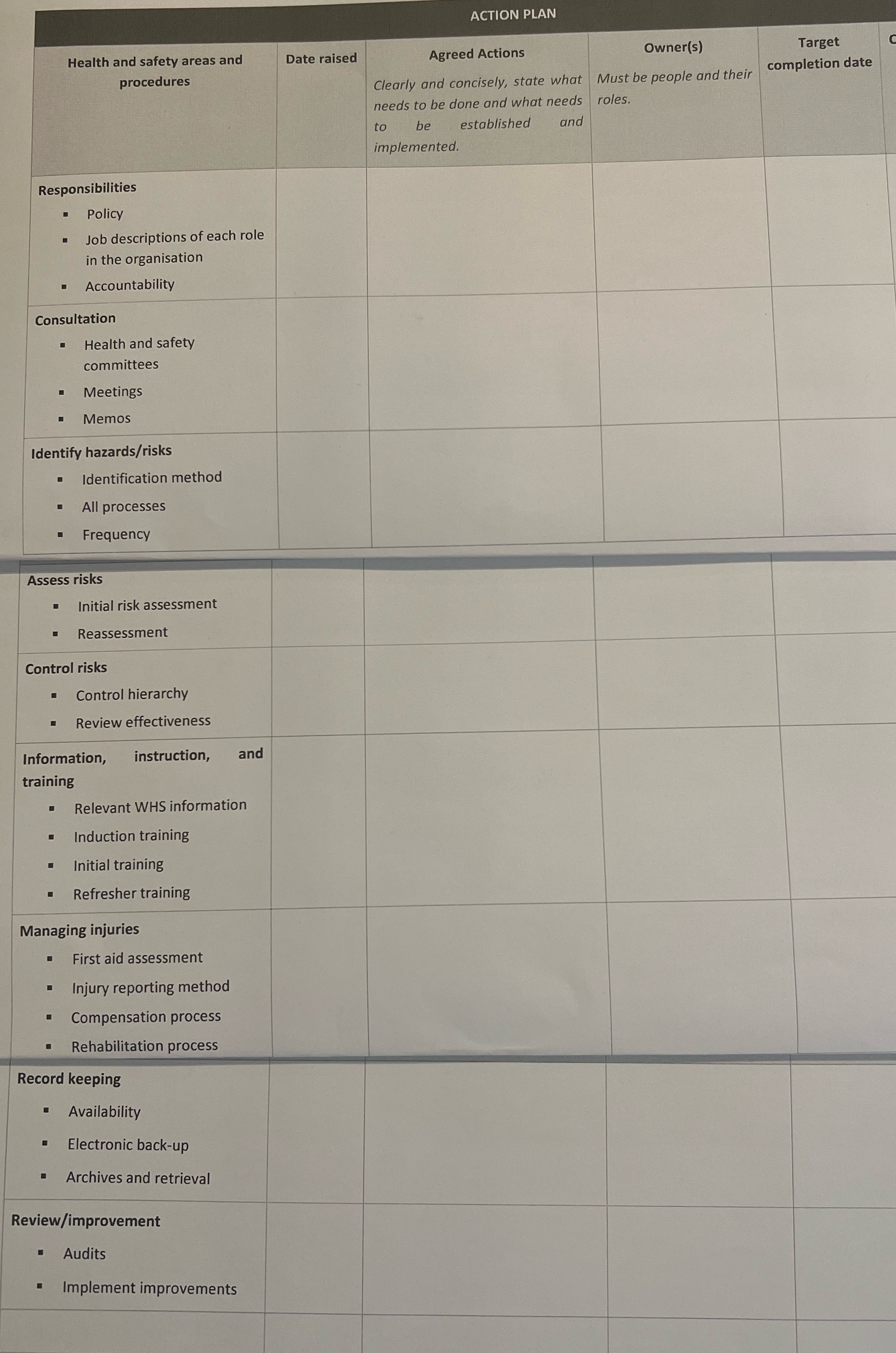 ACTION PLAN Health and safety areas and Date