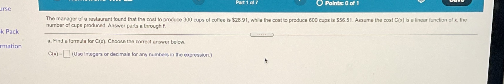 Part 1 of 7 Points: 0 of 1 urse The manager of a