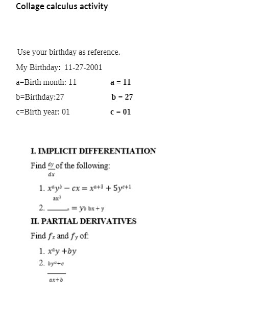 Collage calculus activity Use your birthday as