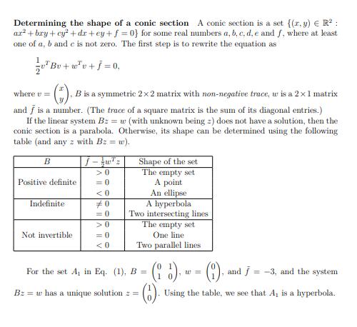 Determining the shape of a conic section A conic