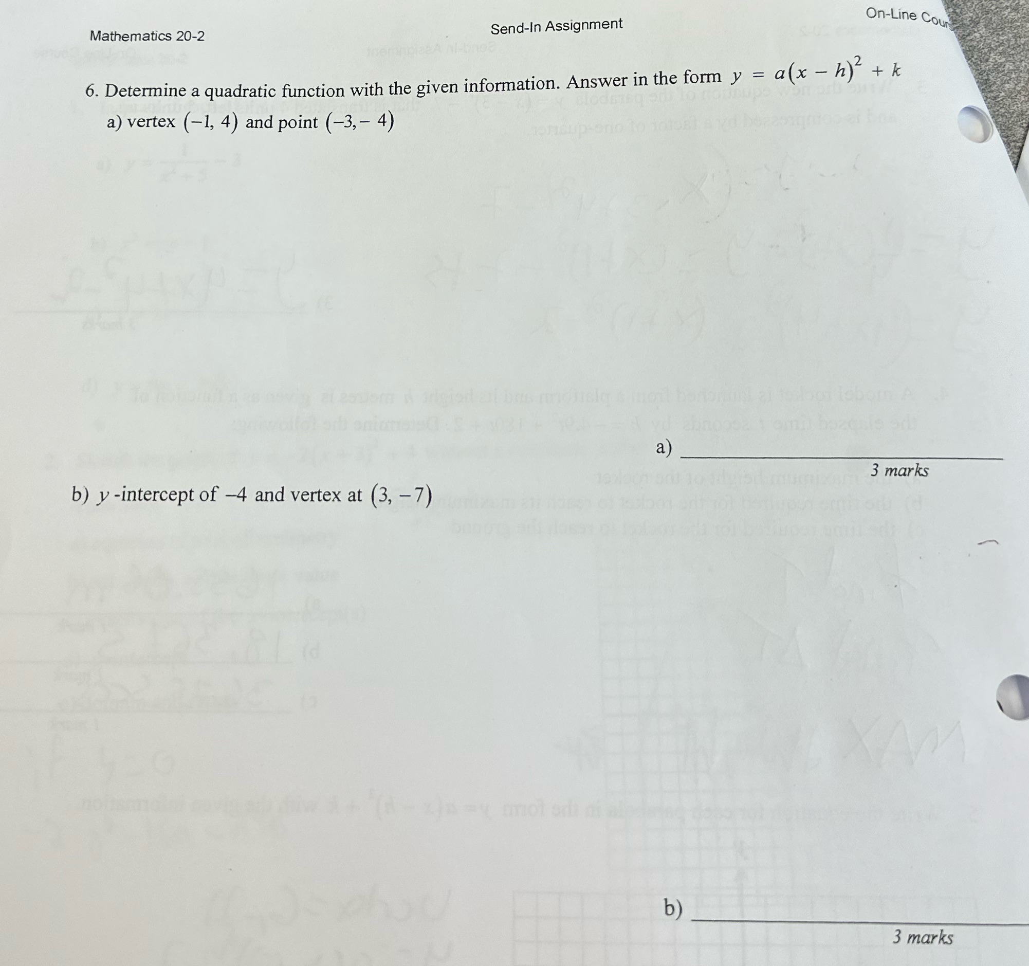 On-Line Cour Mathematics 20-2 Send-In Assignment