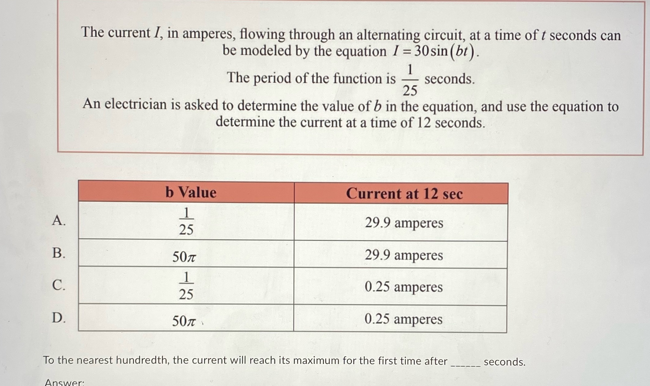 The current I, in amperes, flowing through an