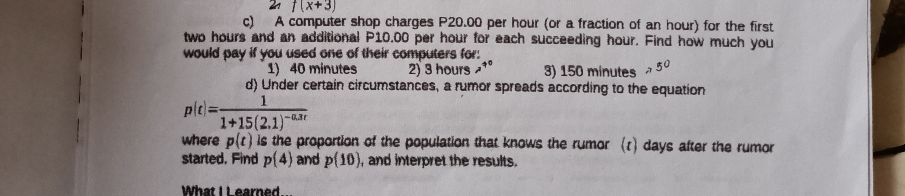 2 f(x+3) c) A computer shop charges P20.00 per