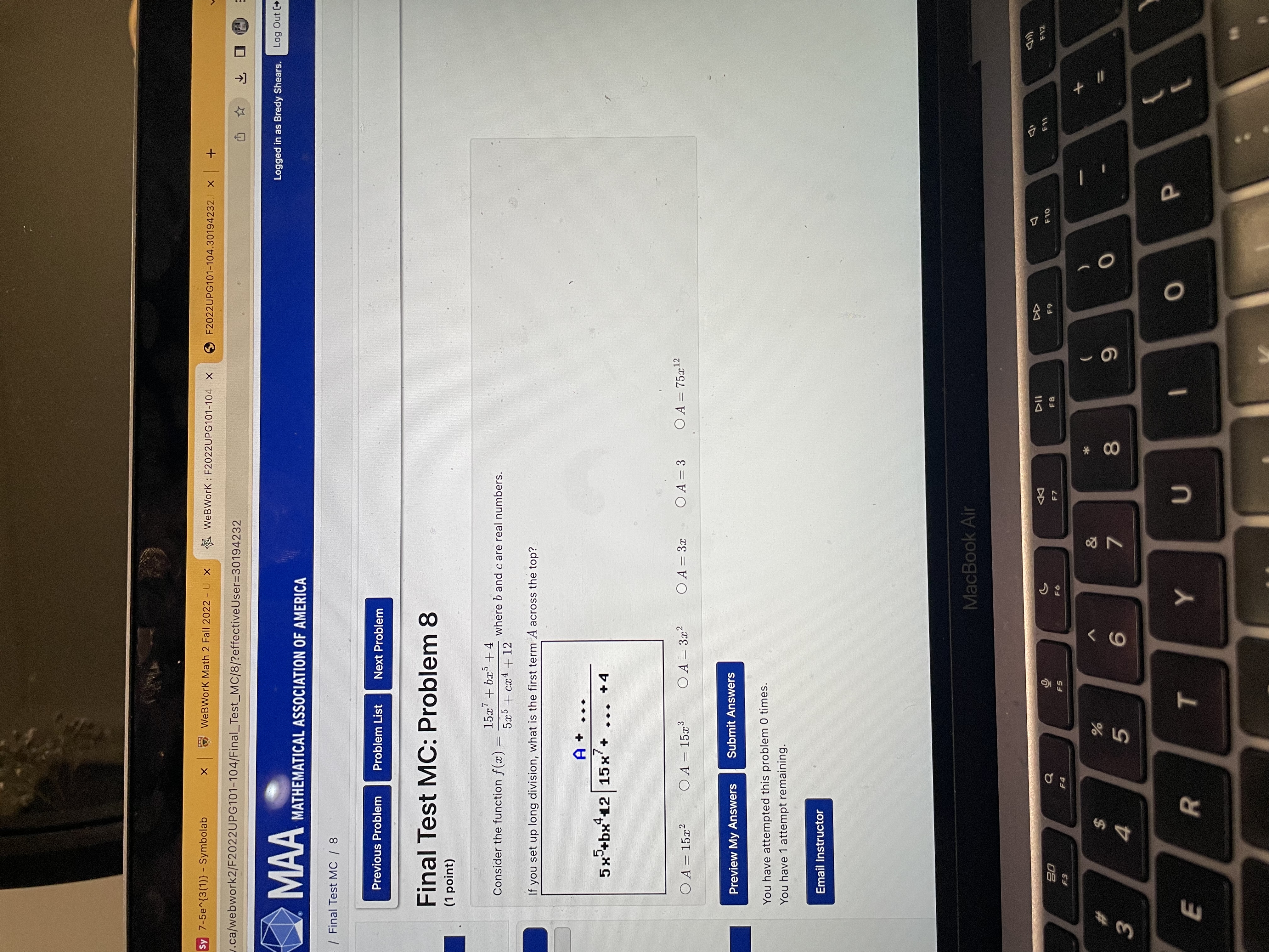 y 7-5e~{3(1)) - Symbolab X WeBWork Math 2 Fall