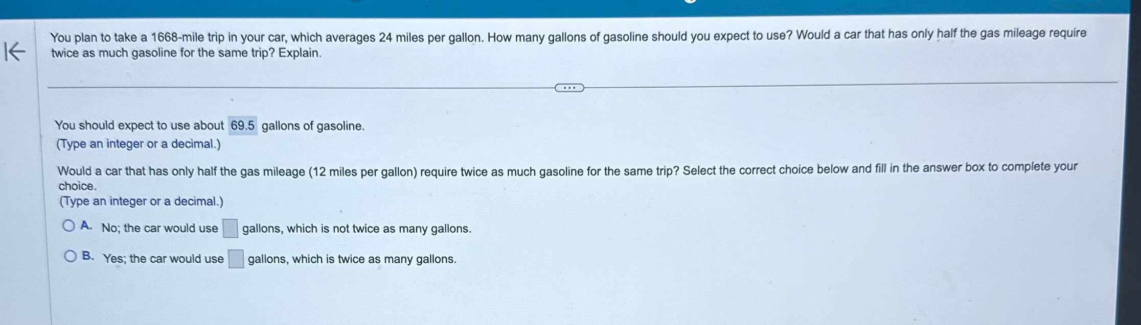 You plan to take a 1668-mile trip in your car,