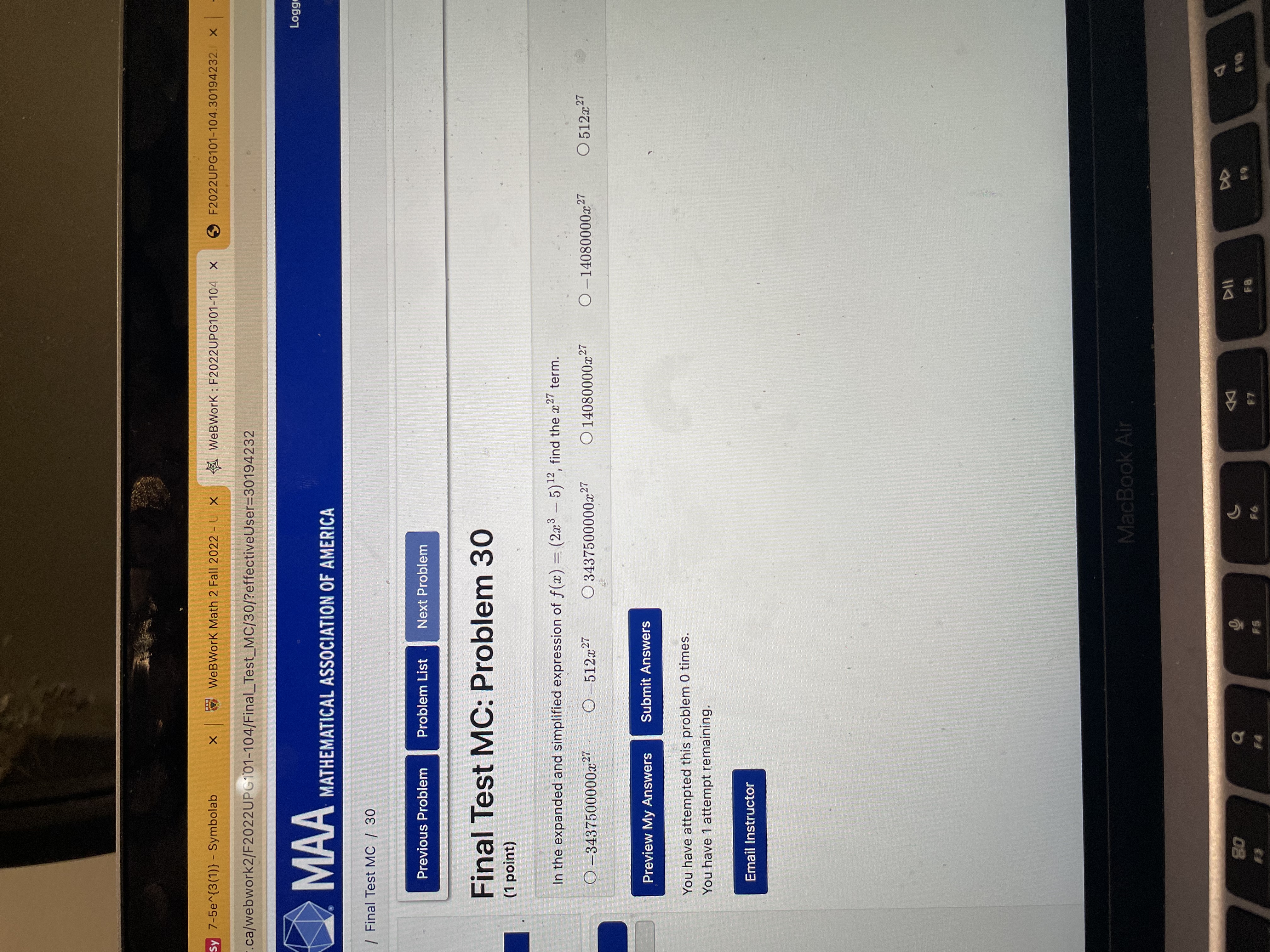 y 7-5e~{3(1)) - Symbolab X WeBWork Math 2 Fall