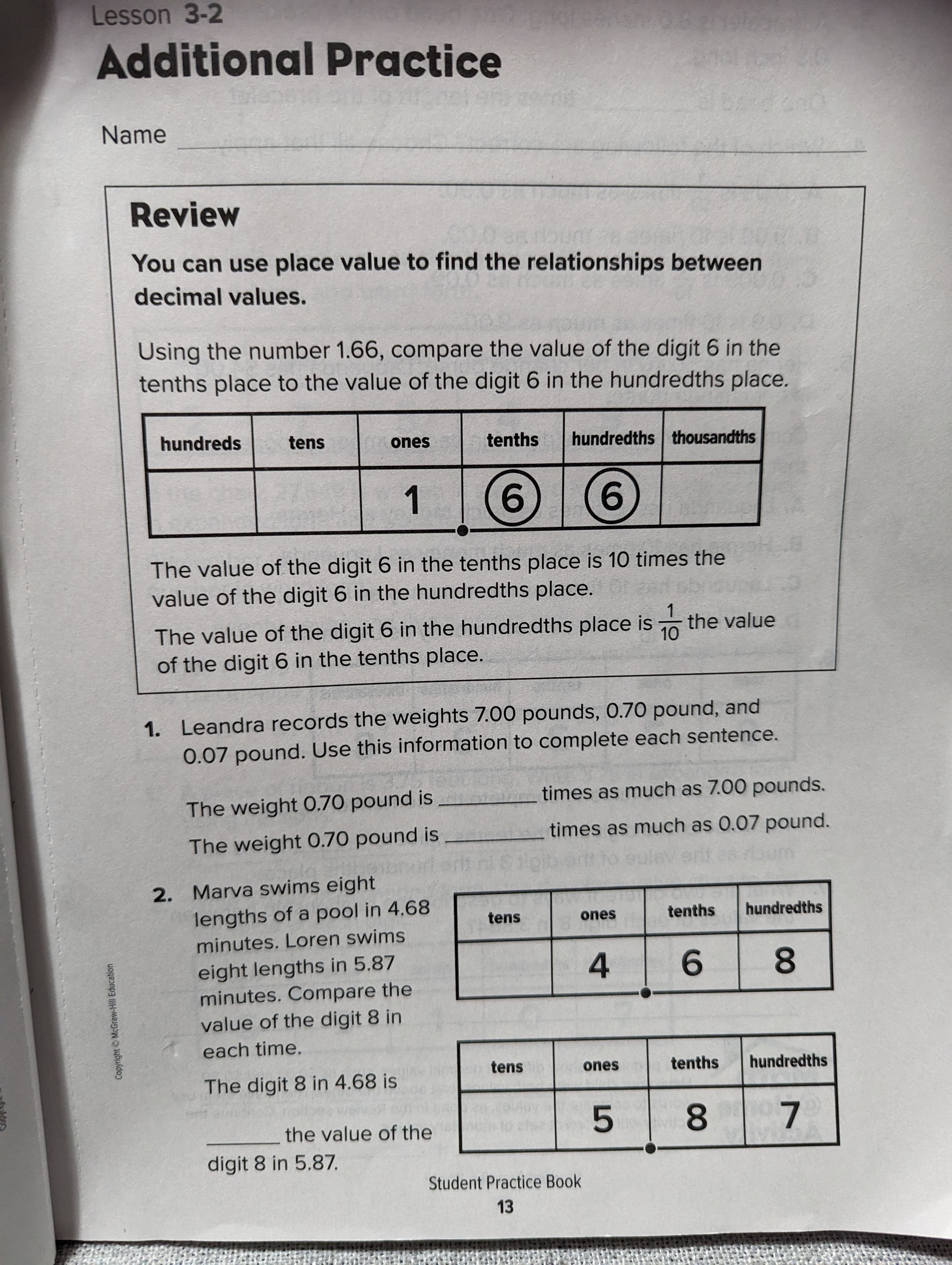 Name W Review You can use place value to find the