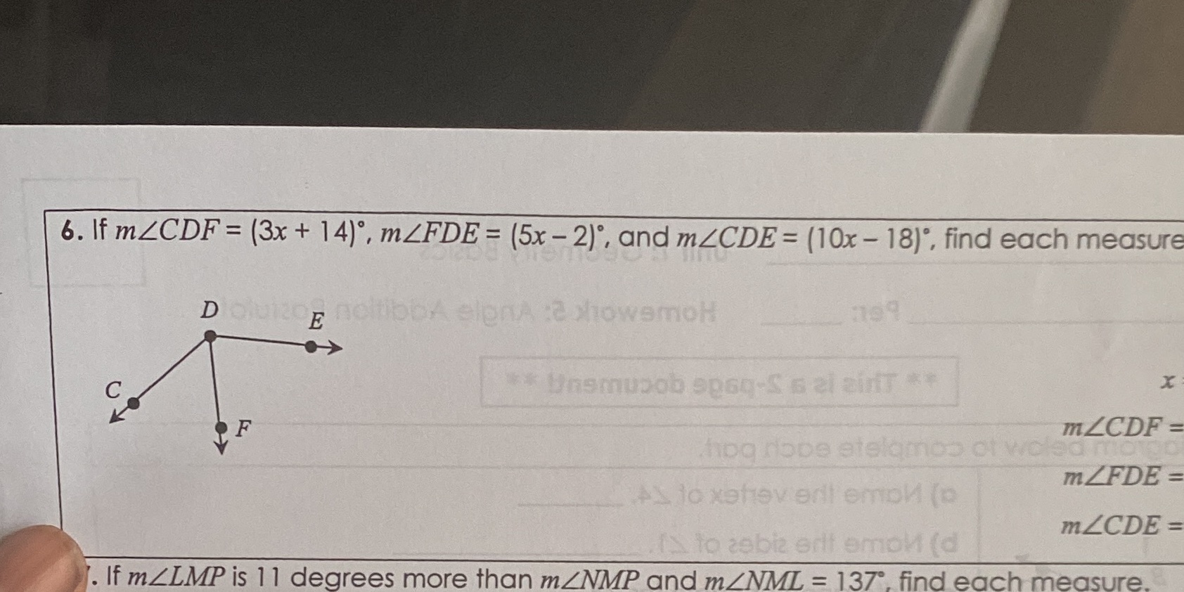 6. If m/CDF = (3x + 14), mZFDE = (5x - 2) , and