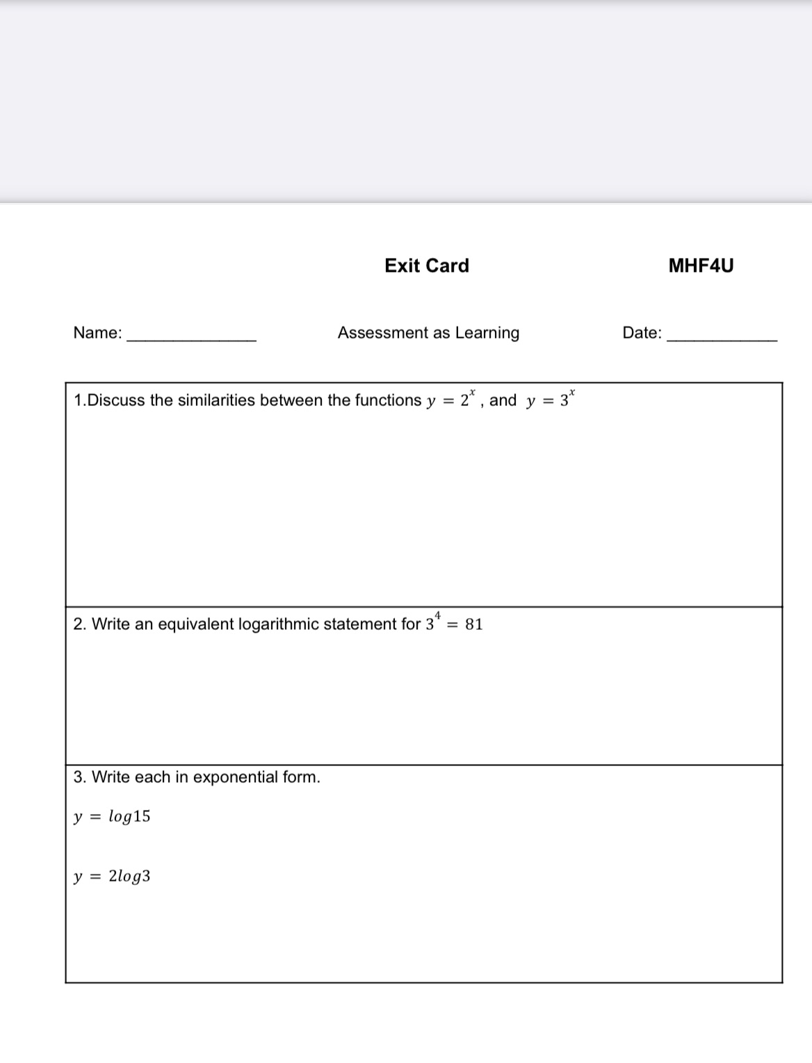Exit Card MHF4U Name: Assessment as Learning
