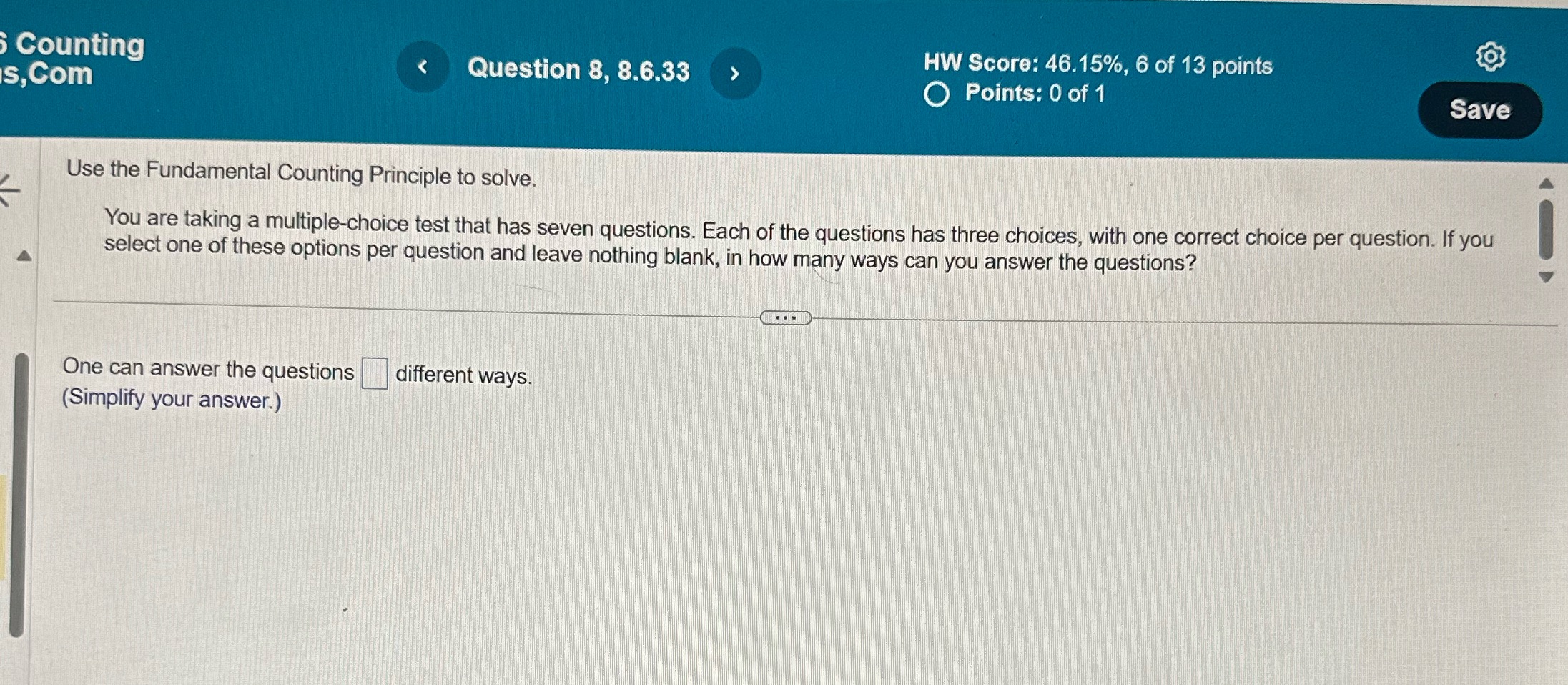 . Counting - HW Score: 46.15%, 6 of 13 points <