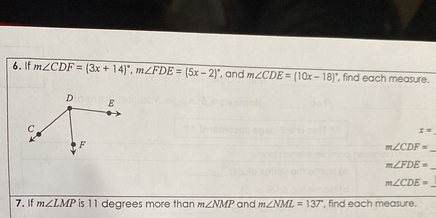 6. If m/CDF = (3x + 14), mZFDE = (5x - 2), and