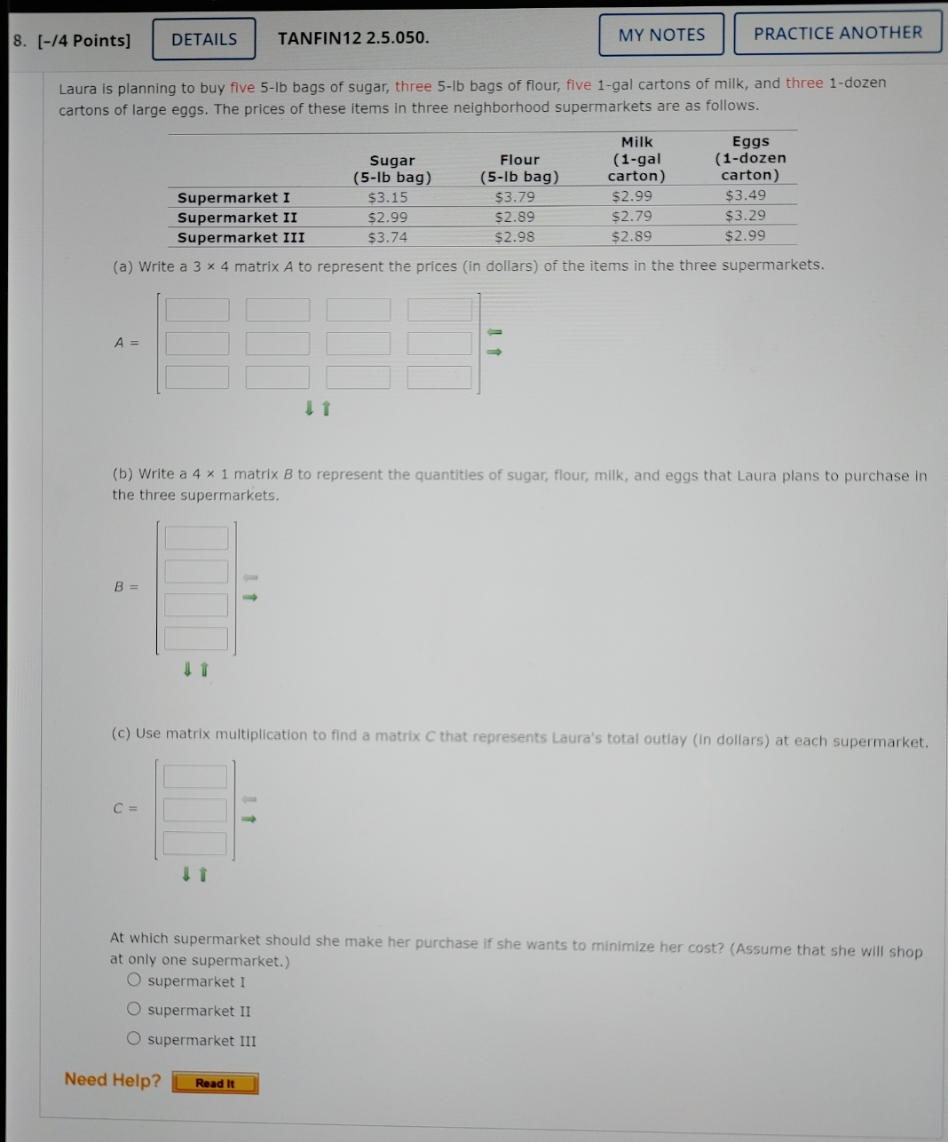 Finite Math 200 Question Help 8. [-/4 Points]