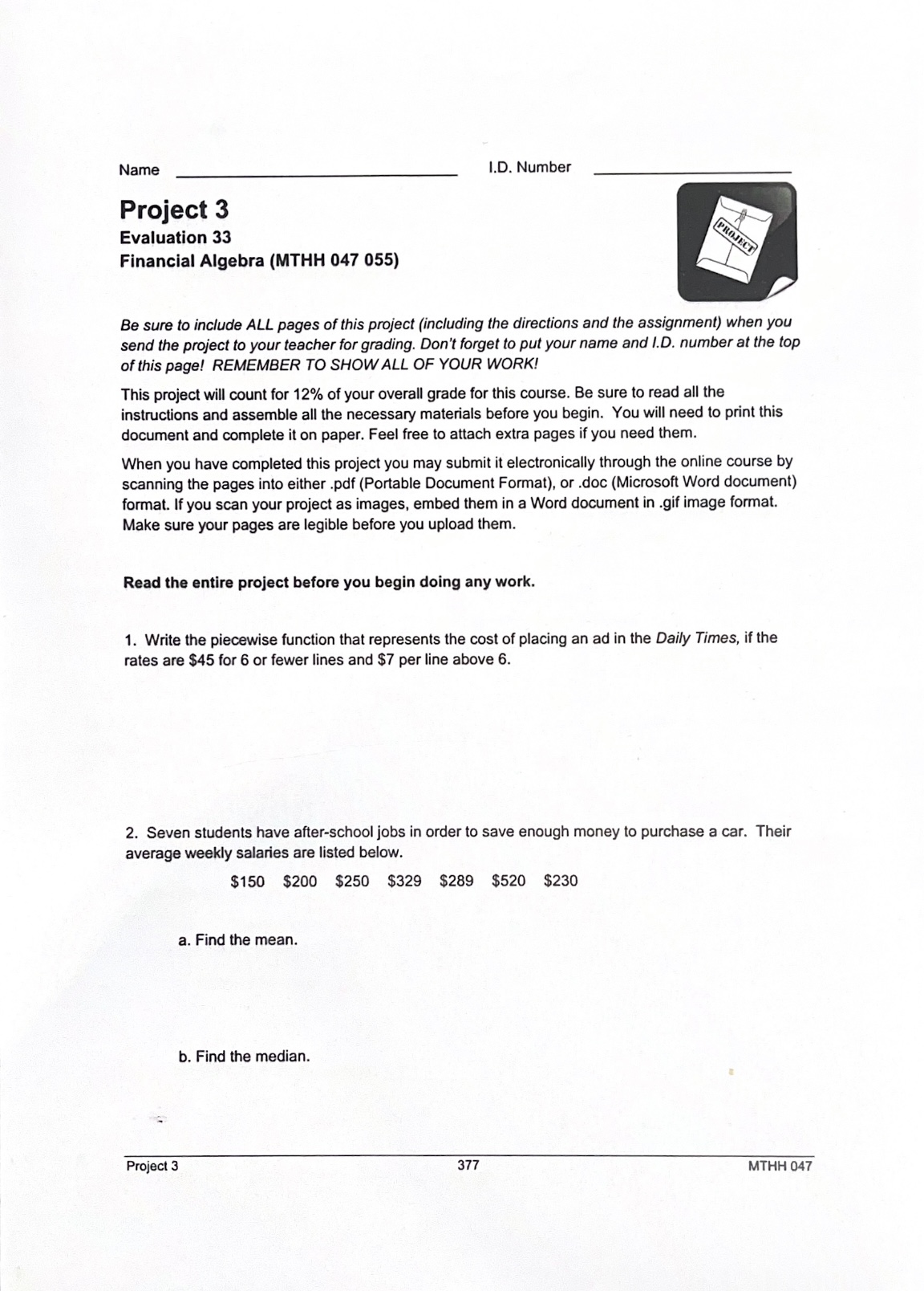 Name ID. Number Project 3 Evaluation 33 Financial