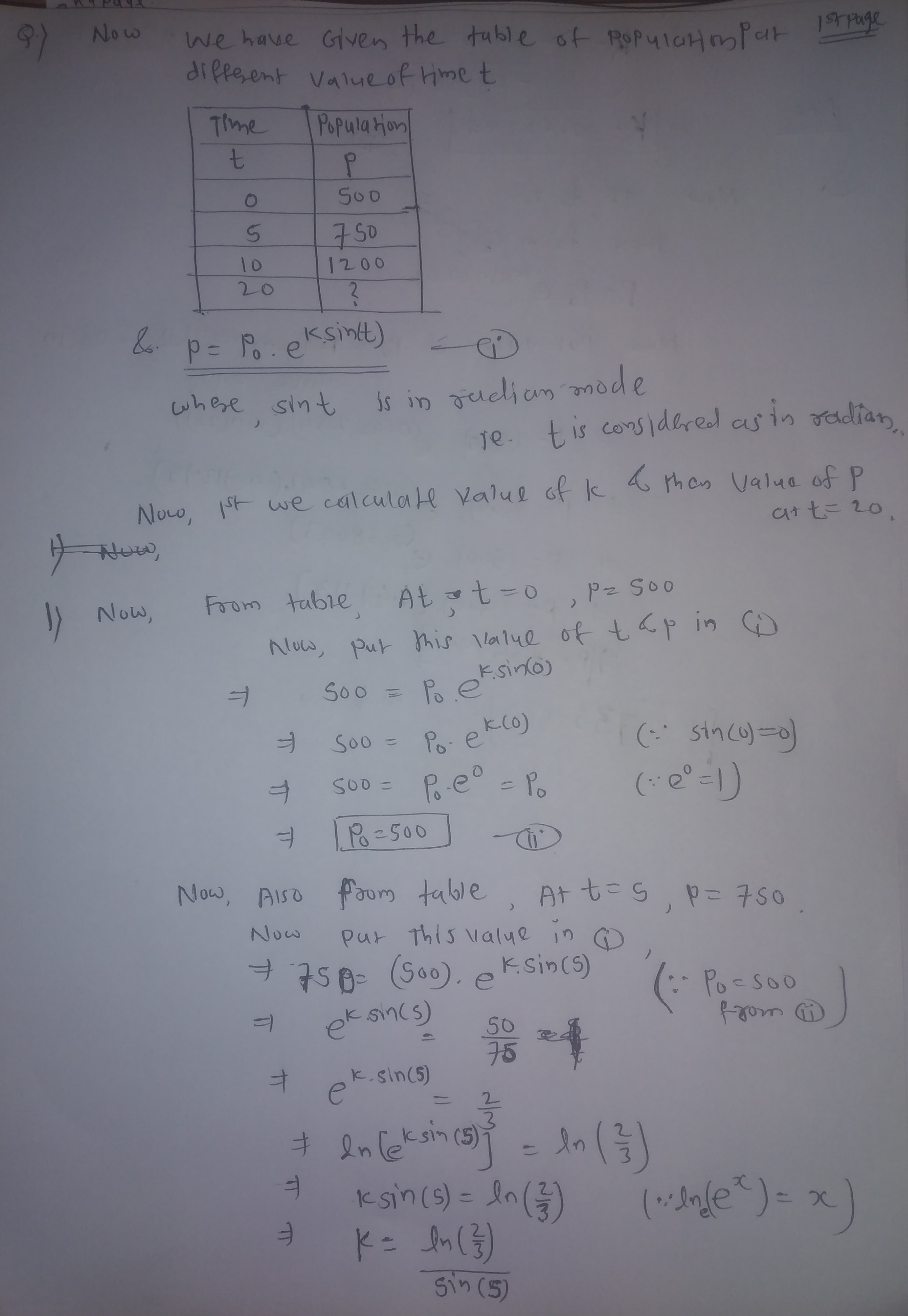 The population in year 10 is 1,200 considering