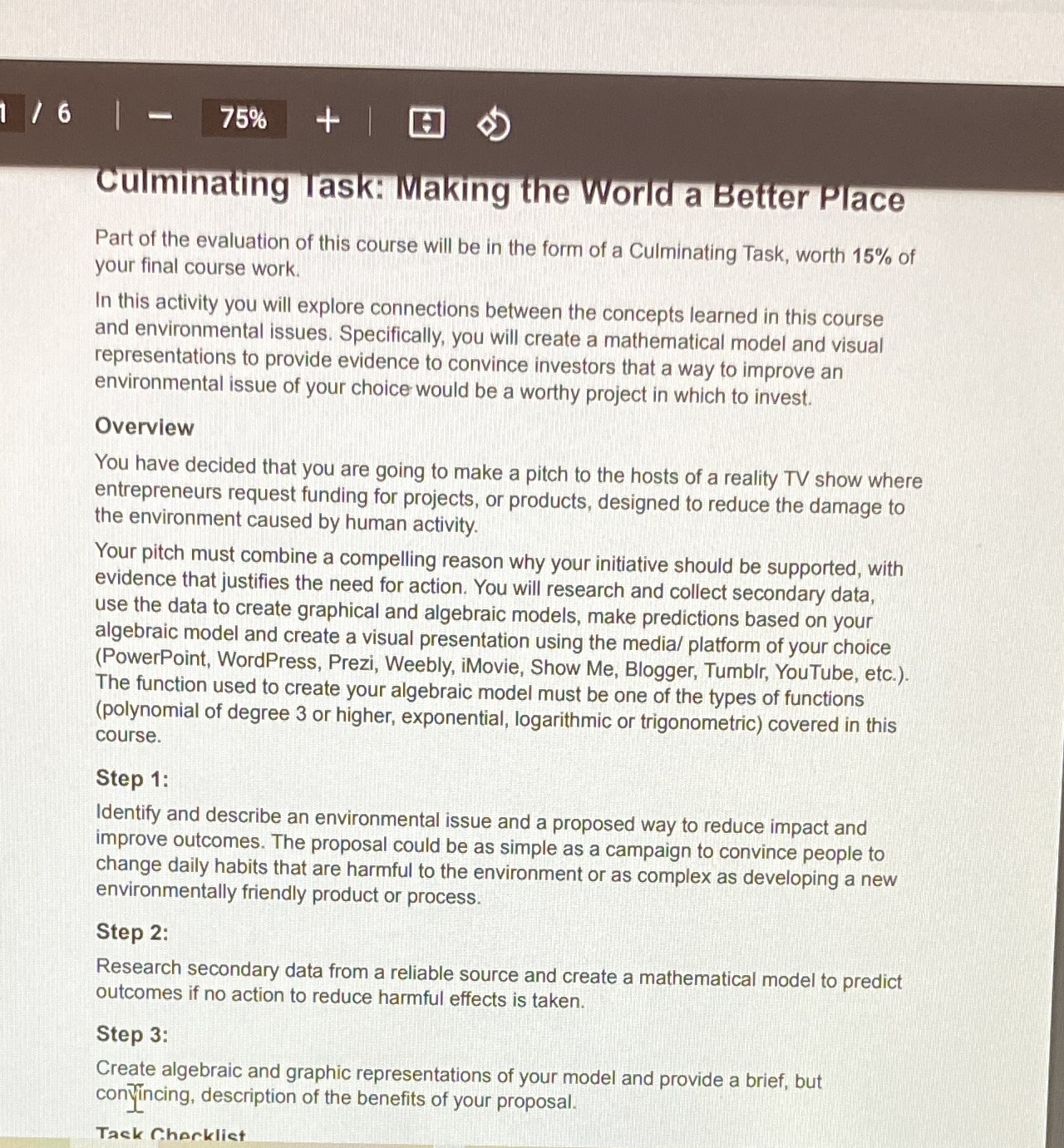 17 6 1 - 75% Culminating Task: Making the World a