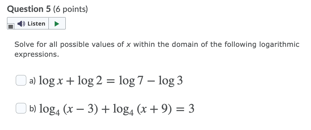 Question 5 (6 points) Listen Solve for all