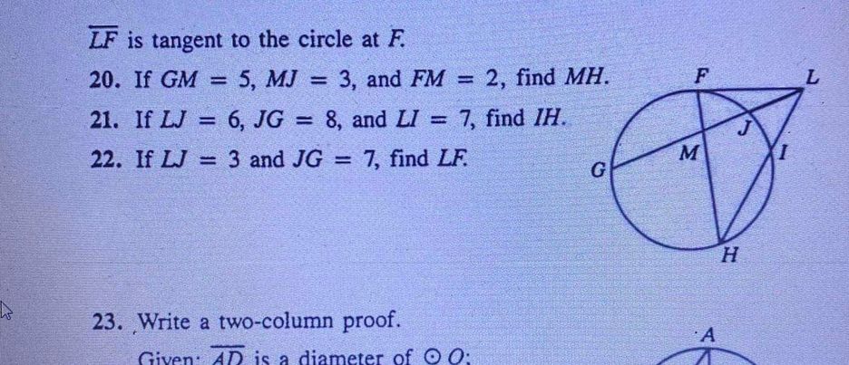 LF is tangent to the circle at F. 20. If GM = 5,