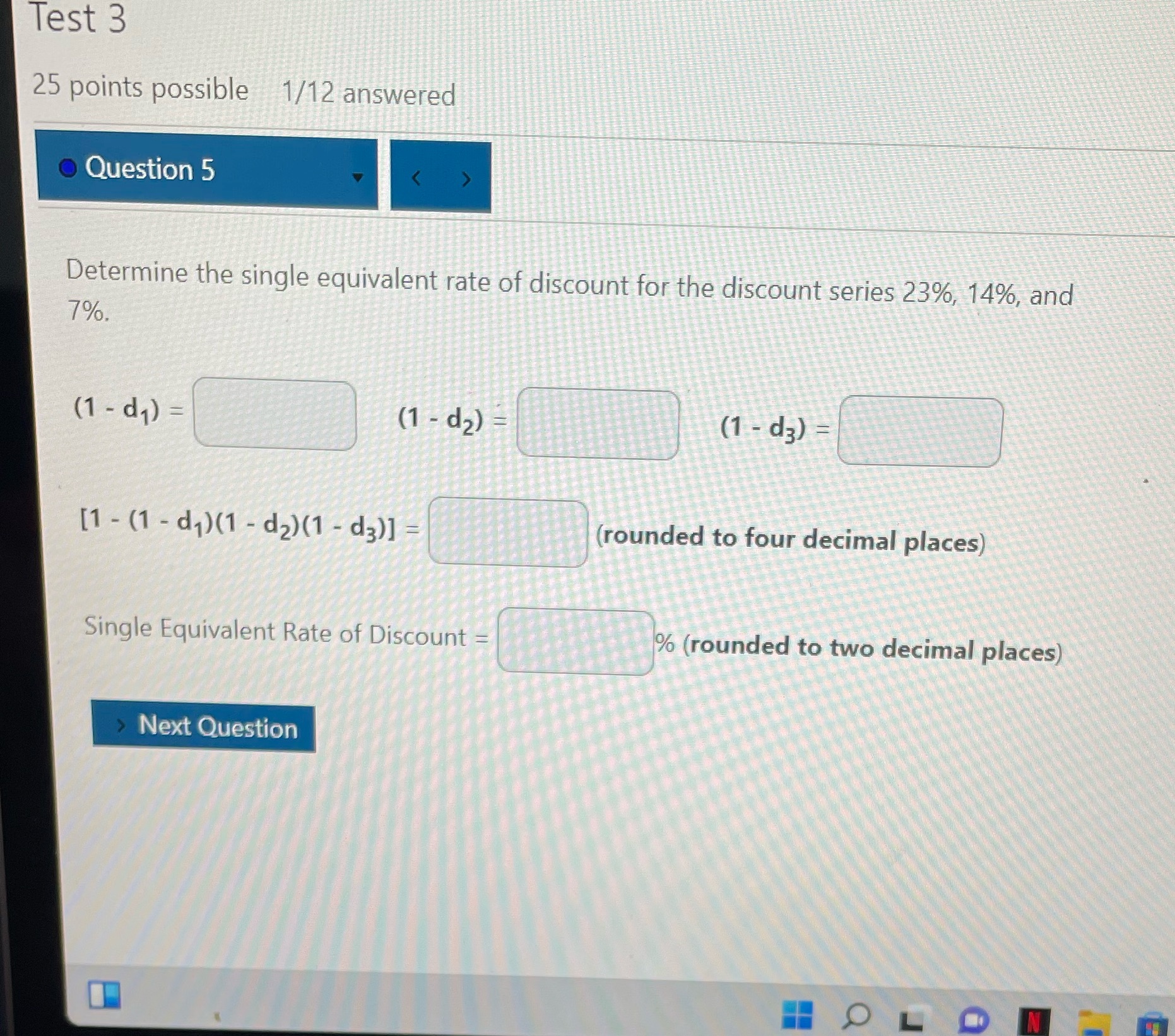 Test 3 25 points possible 1/12 answered .
