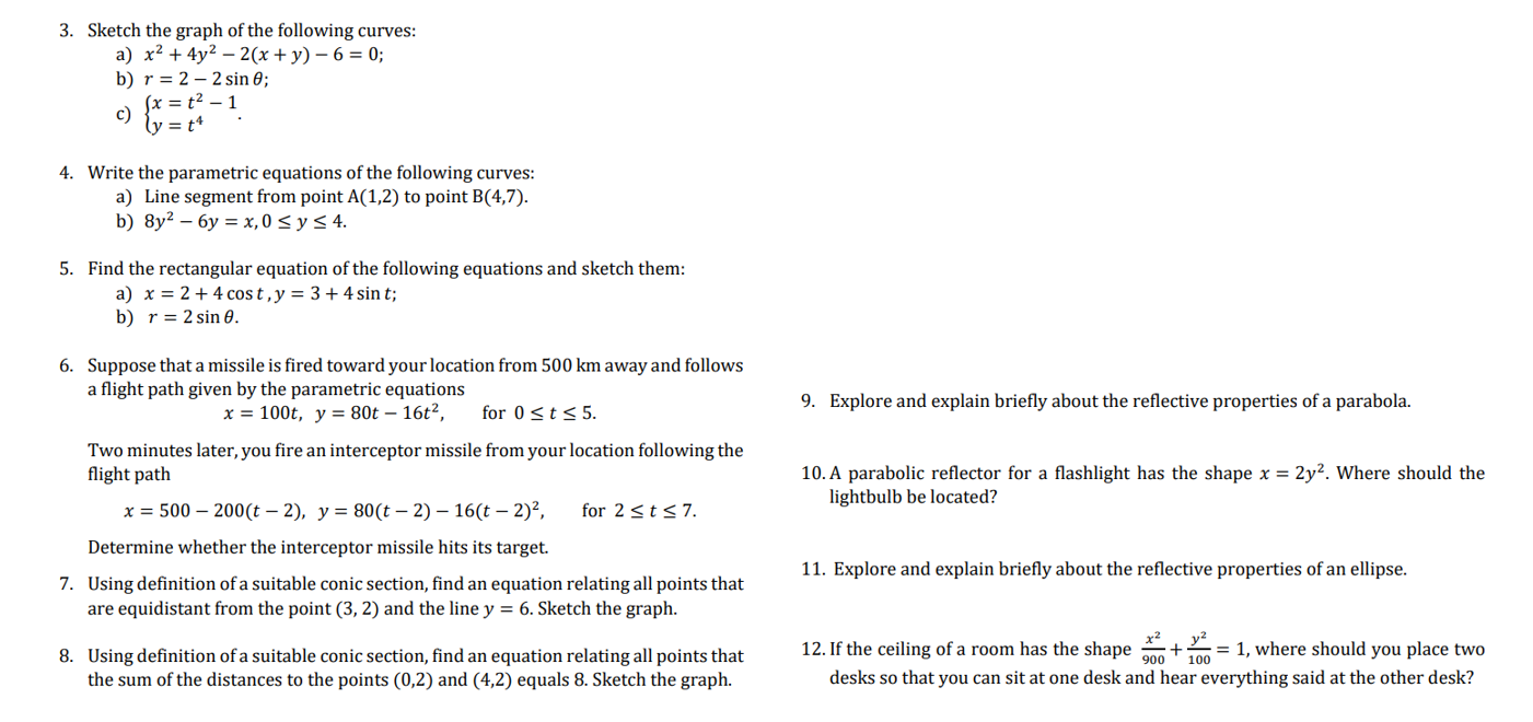 3. Sketch the graph of the following curves: a)