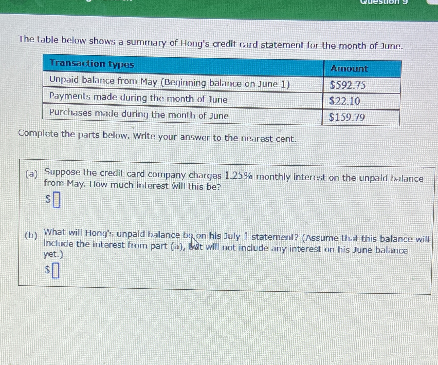 The table below shows a summary of Hong's