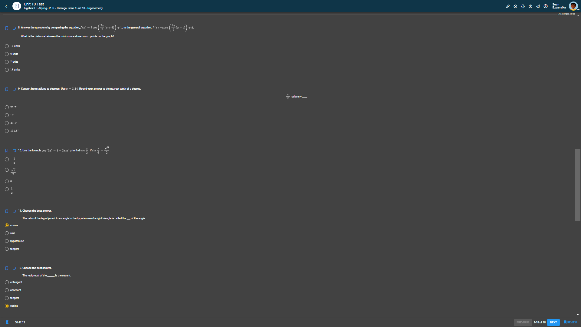 Unit 10 Test Algebra II B - Spring - PHS -