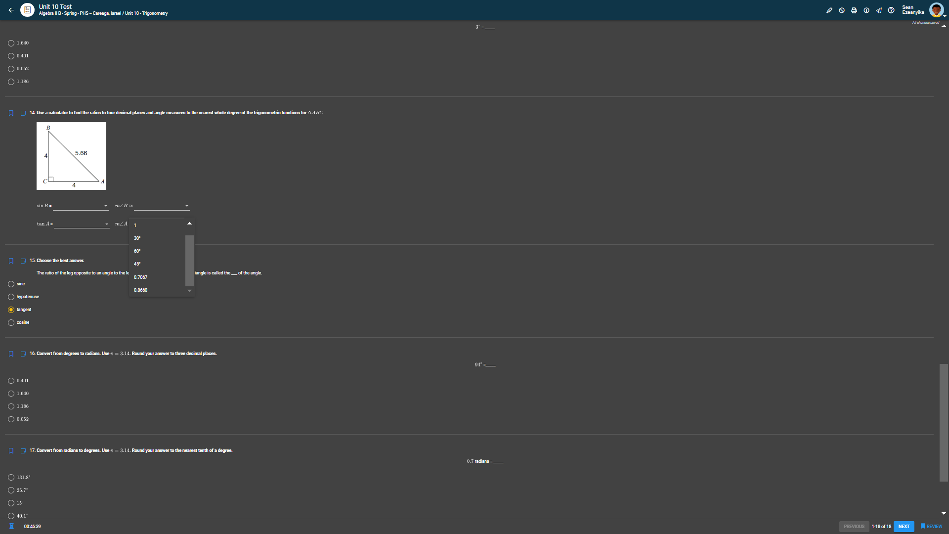 Unit 10 Test Algebra II B - Spring - PHS -