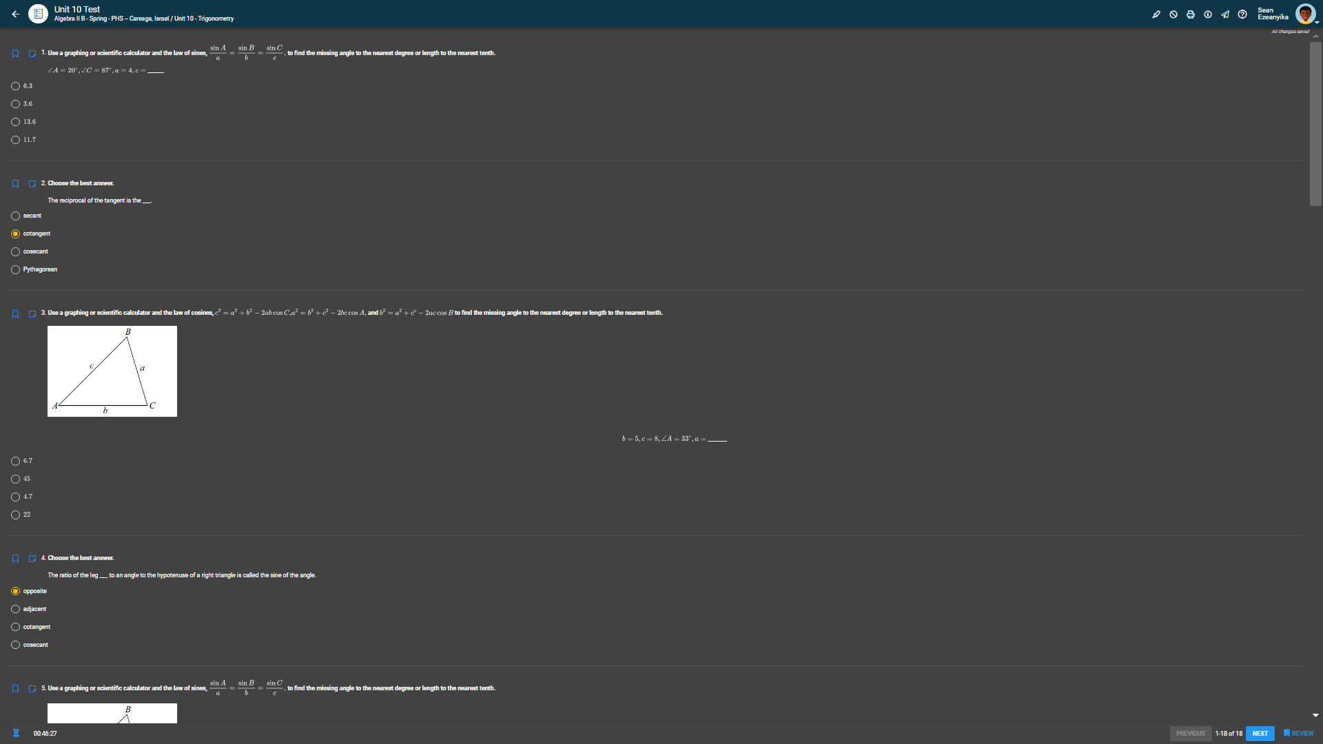 Unit 10 Test Algebra II B - Spring - PHS -