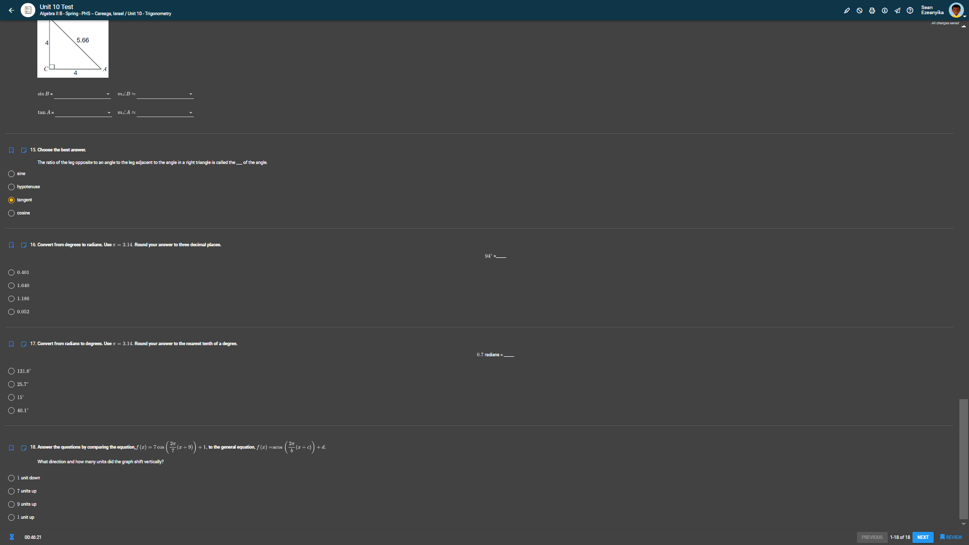 Unit 10 Test Algebra II B - Spring - PHS -