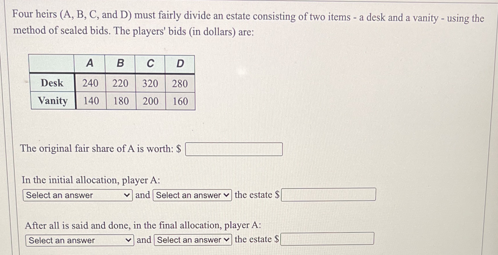 Four heirs (A, B, C, and D) must fairly divide an
