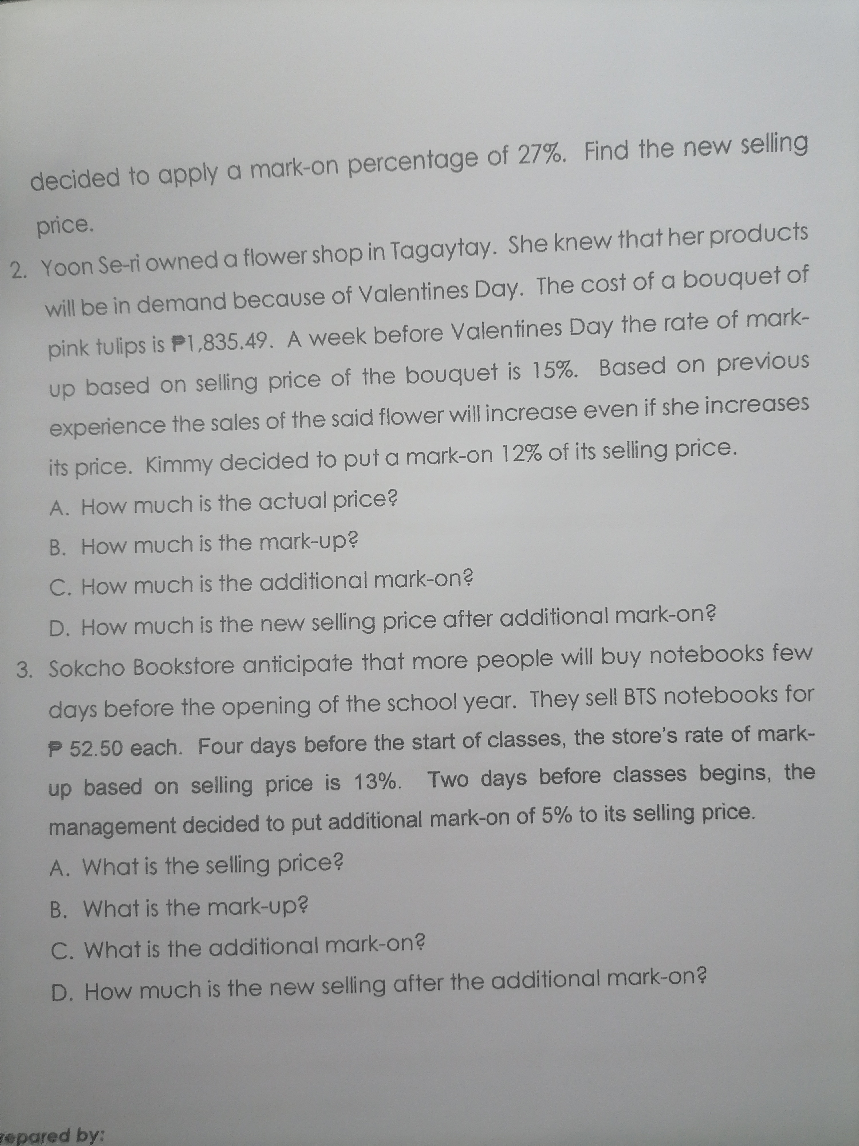 decided to apply a mark-on percentage of 27%.