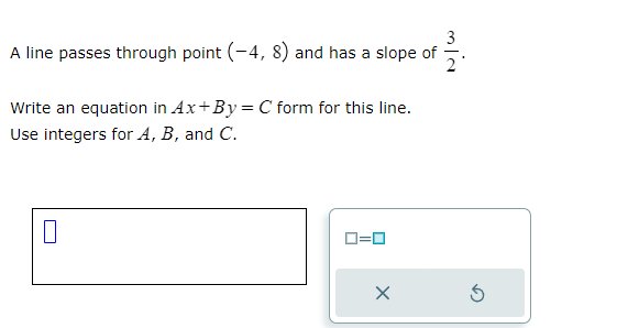 A line passes through point (-4, 8) and has a