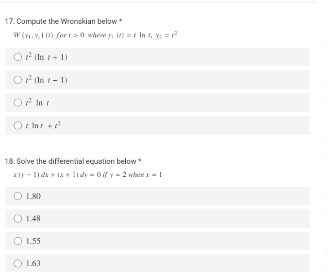 asapp pls. 17. Compute the Wronskian below * W