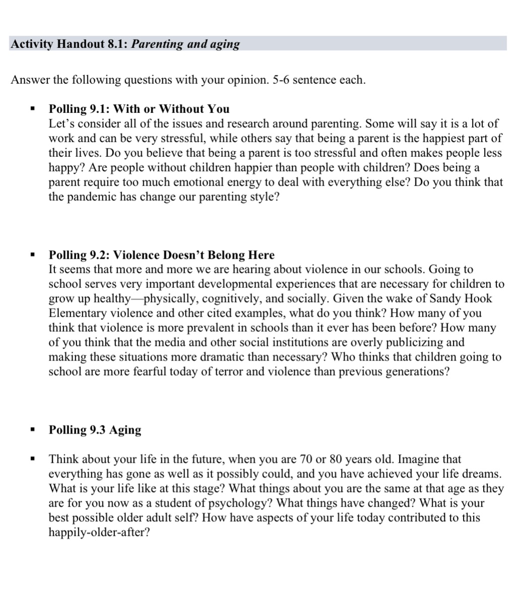Activity Handout 8.1: Parenting and aging Answer