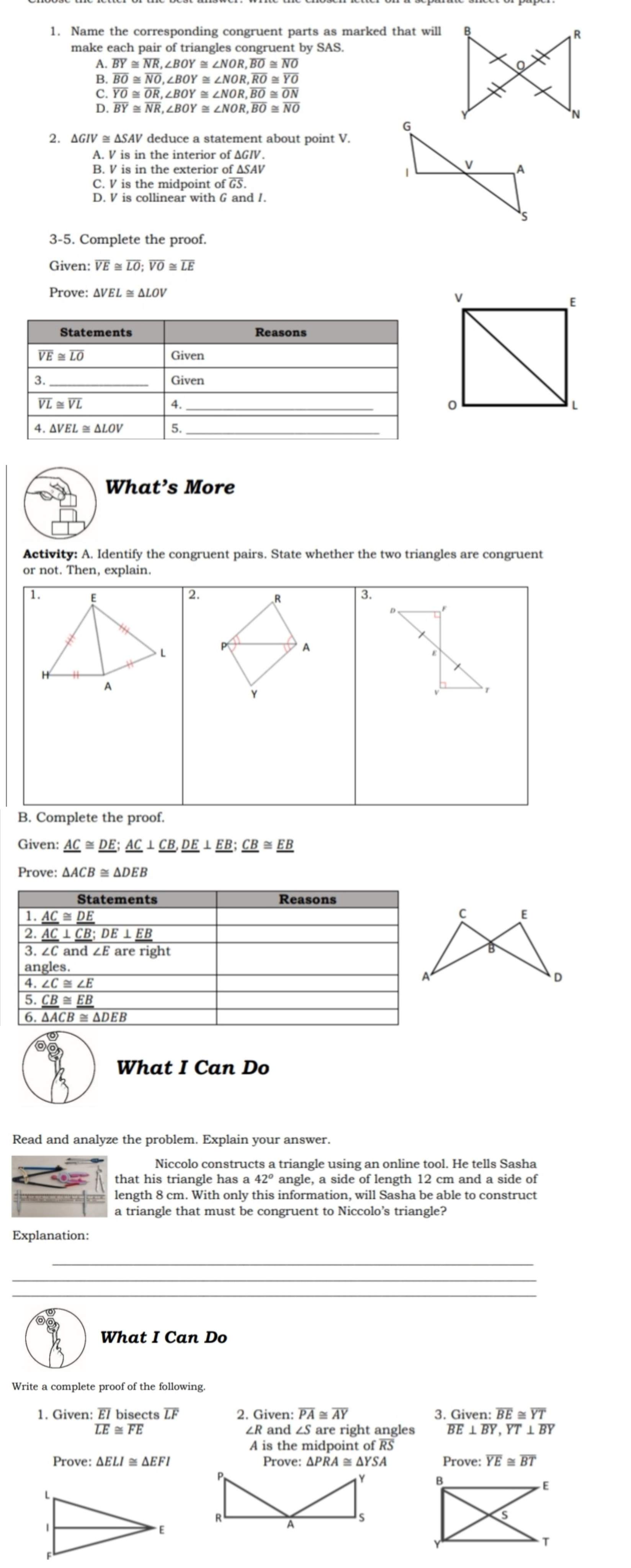 1. Name the corresponding congruent parts as