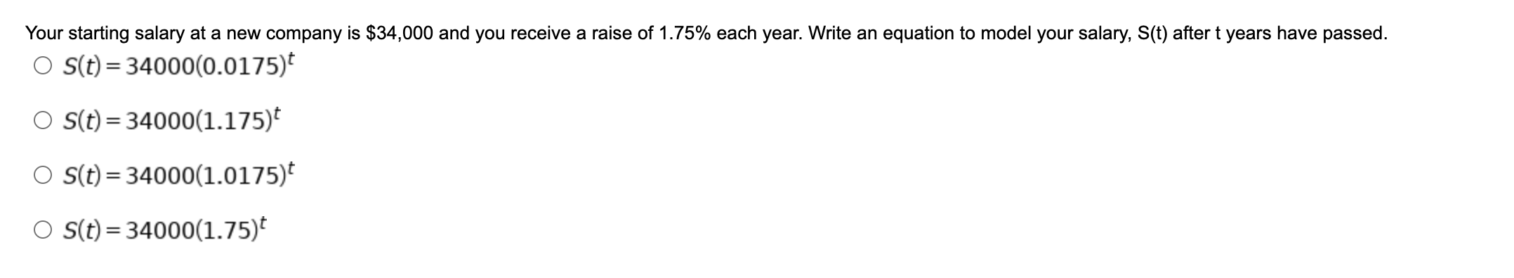Your starting salary at a new company is $34,000