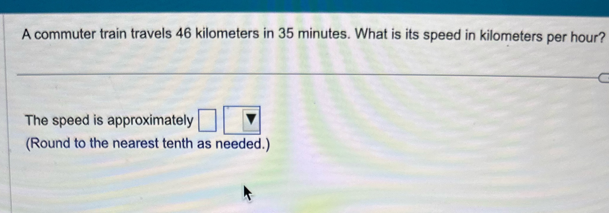 A commuter train travels 46 kilometers in 35