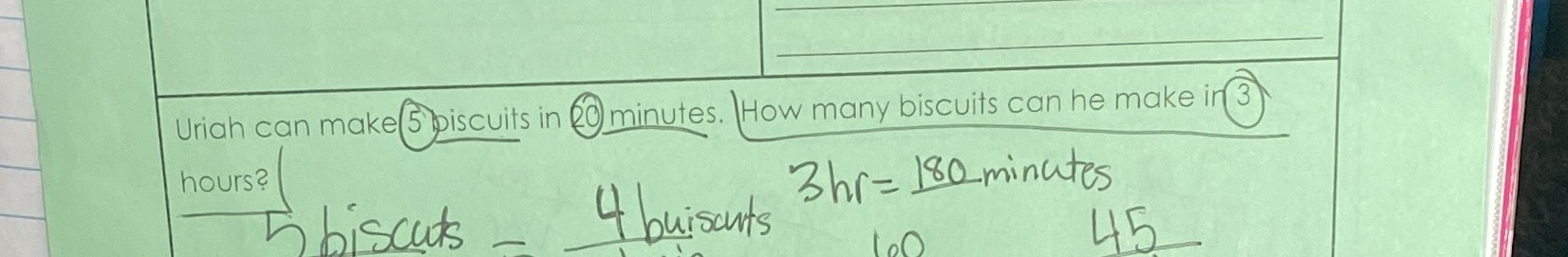Uriah can make 5 biscuits in 20 minutes how many