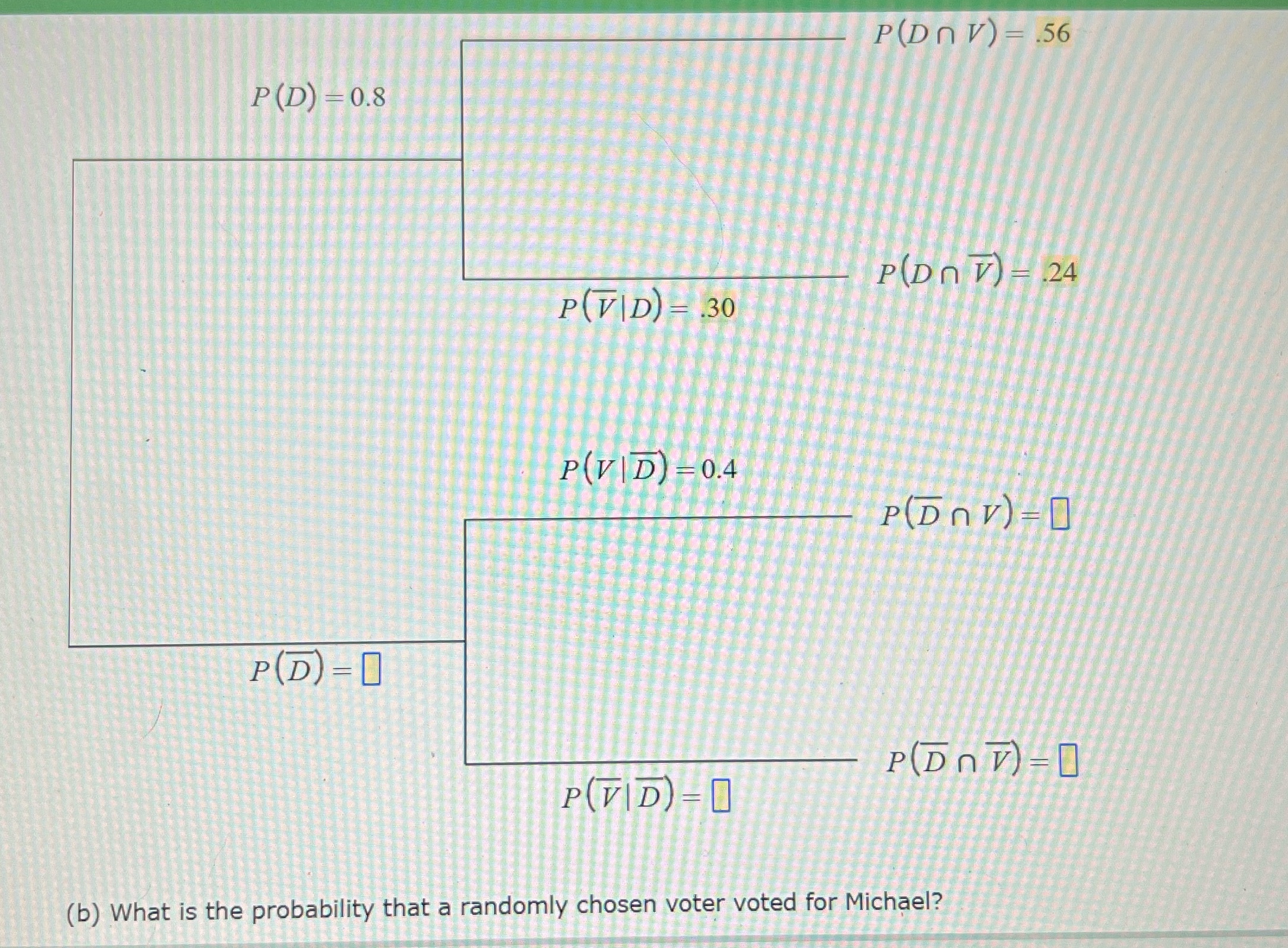P(DOV) = . 56 P(D) = 0.8 P(DO V - 24 P(VID) = 30