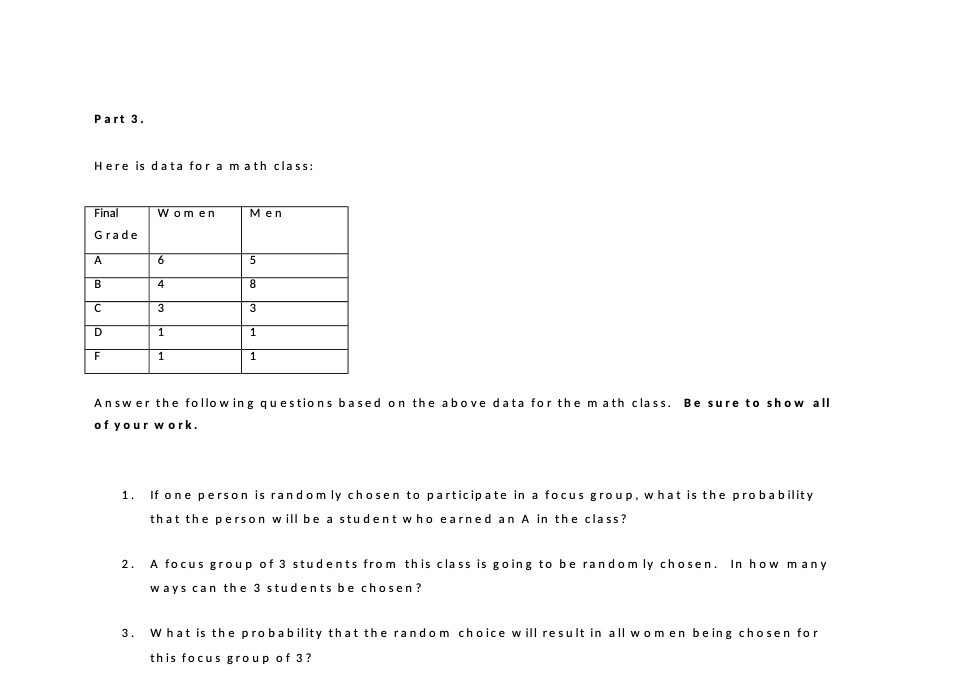 Part 3. Here is data for a math class: Final